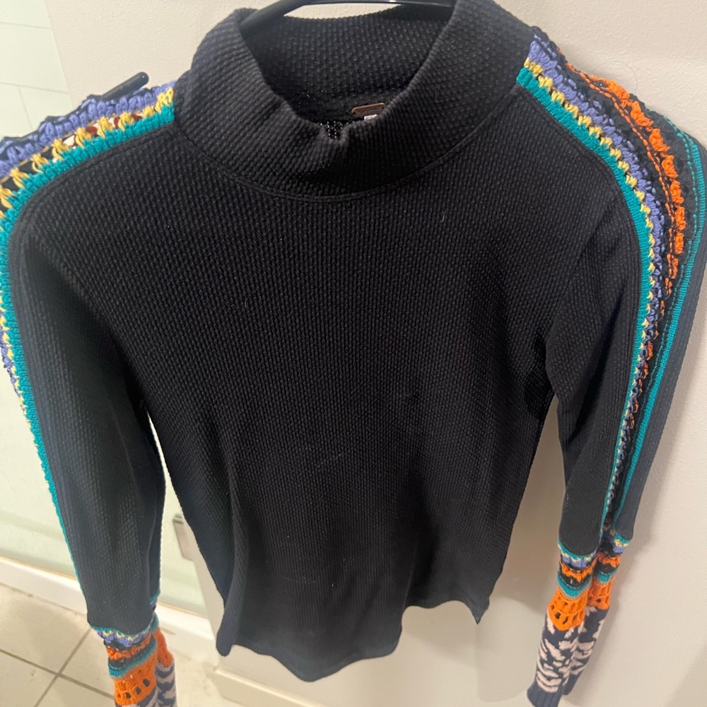Free People Black Sweater with Colorful Accents